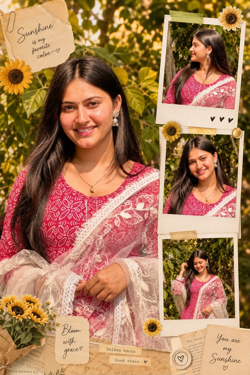 Instagram collage edit with a warm golden sunlight vibe Outdoor garden sunflower theme