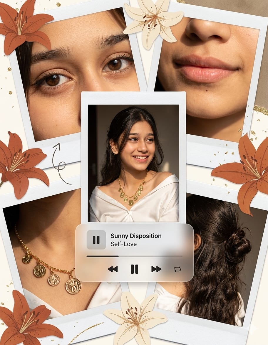 Luxury Editorial Collage Indian girl Portrait Prompt for social media post