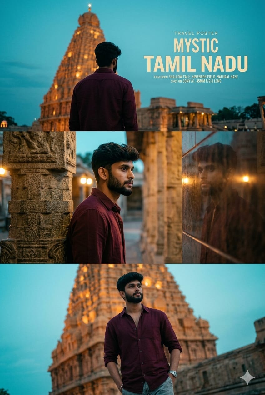 Temple Triptych Cinematic Indian Portrait Prompt for instagram Story